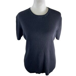 Vtg Eddie Bauer Black Ribbed Cotton Knit Short Sleeve Crew Neck Top Women M